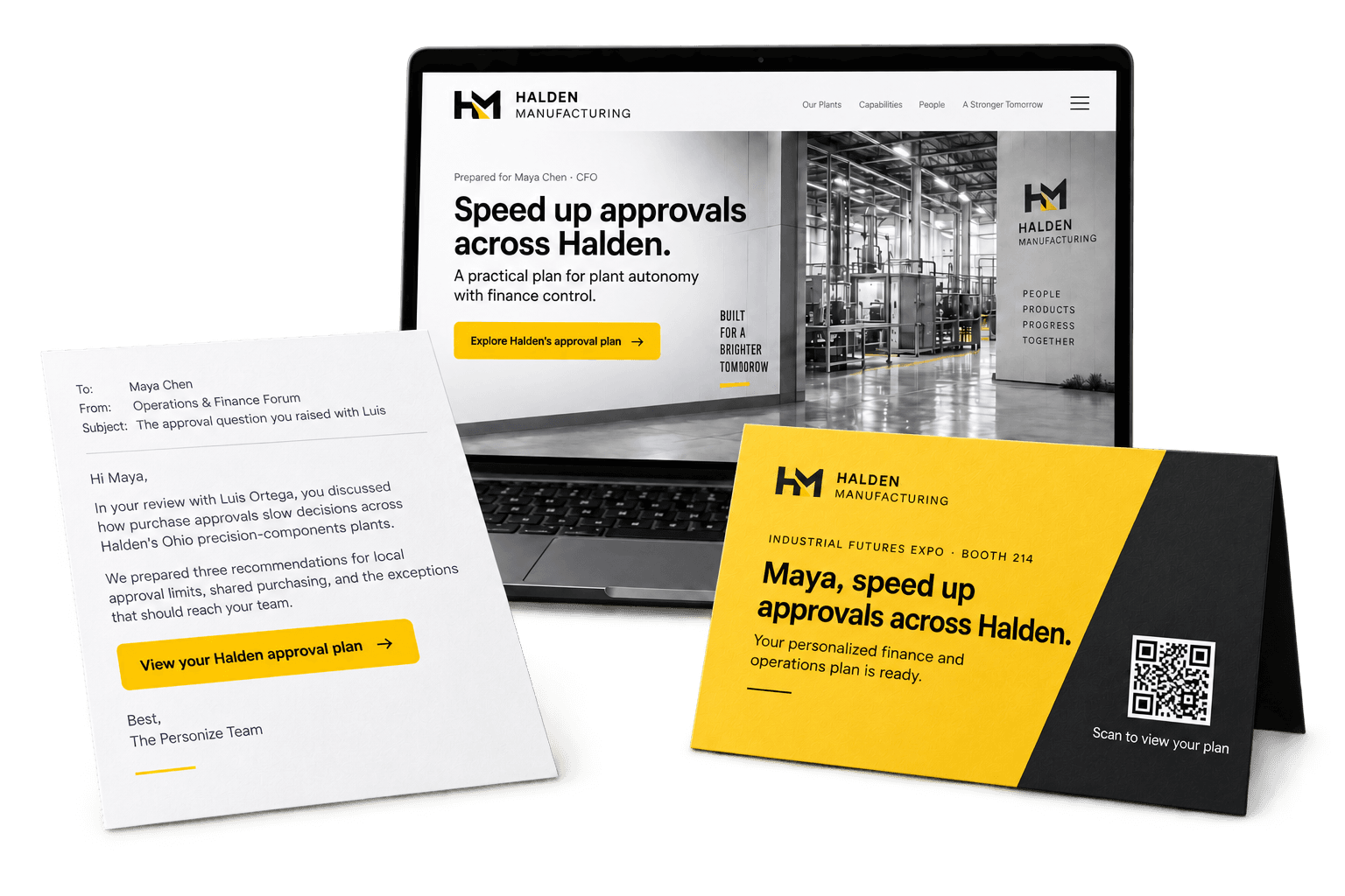 Illustrative collection of personalized web, email, playbook, and printed experiences for one fictional customer.